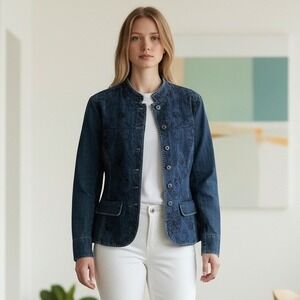 Coldwater Creek Women Blue Embroidered Denim Jacket Mandarin Collar Size 10